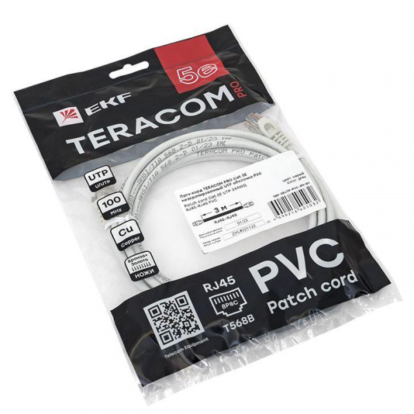 Патч-корд кат.5e (1Гбит/с) неэкранированный UTP оболочка PVC сер. (3м) TERACOM EKF TRC-5EUTP-PVC-3M-GY